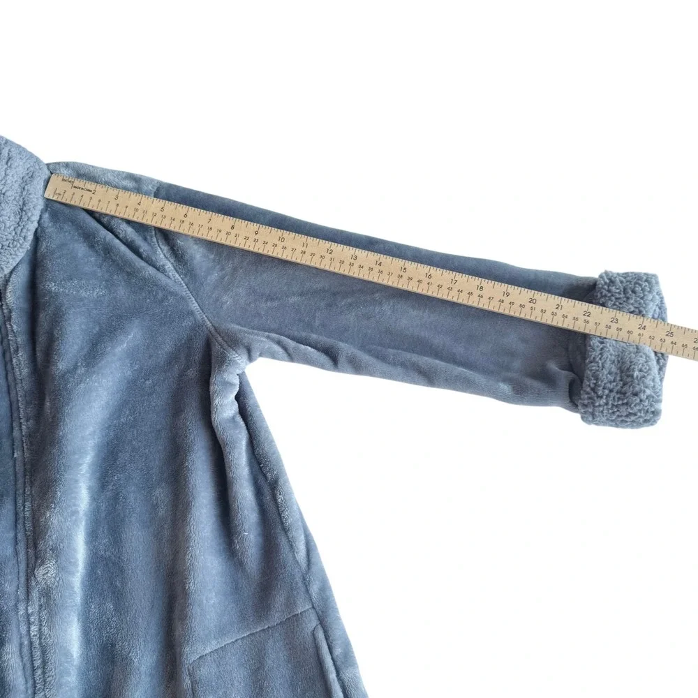 Natori Slate Blue Plush Faux Fur Half Zip Long Robe Sherpa Trim Size M Cozy Warm